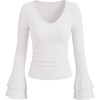 image:imageANRABESS Womens Long Sleeve V Neck Ribbed Knit Shirts  Soft Slim Fit Tops Bell Sleeve Ruched Blouses Fashion Going out Tshirt Dressy Casual Elegant Fall Winter Spring ClothesWhite