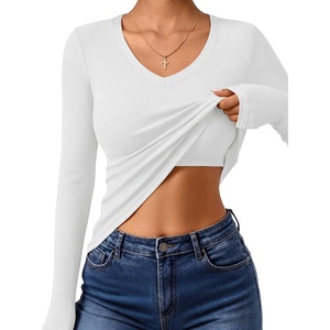 image:imageANRABESS Womens Long Sleeve Built in Bra Tops  V Neck Slim Fitted T Shirts Stretchy Ribbed Knit Basic Tee Going Out Work Outfits 2026 Casual Trendy Fall Winter LayeringWhite