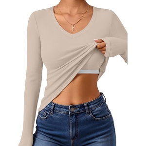 image:imageANRABESS Womens Long Sleeve Built in Bra Tops  V Neck Slim Fitted T Shirts Stretchy Ribbed Knit Basic Tee Going Out Work Outfits 2026 Casual Trendy Fall Winter LayeringBeige