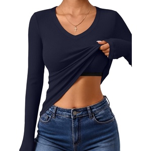 image:imageANRABESS Womens Long Sleeve Built in Bra Tops  V Neck Slim Fitted T Shirts Stretchy Ribbed Knit Basic Tee Going Out Work Outfits 2026 Casual Trendy Fall Winter LayeringNavy Blue