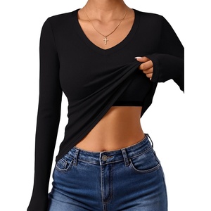 image:imageANRABESS Womens Long Sleeve Built in Bra Tops  V Neck Slim Fitted T Shirts Stretchy Ribbed Knit Basic Tee Going Out Work Outfits 2026 Casual Trendy Fall Winter LayeringBlack