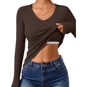 image:imageANRABESS Womens Long Sleeve Built in Bra Tops  V Neck Slim Fitted T Shirts Stretchy Ribbed Knit Basic Tee Going Out Work Outfits 2026 Casual Trendy Fall Winter LayeringBrown