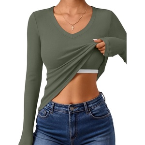 image:imageANRABESS Womens Long Sleeve Built in Bra Tops  V Neck Slim Fitted T Shirts Stretchy Ribbed Knit Basic Tee Going Out Work Outfits 2026 Casual Trendy Fall Winter LayeringArmy Green