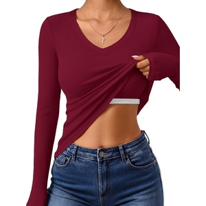 image:imageANRABESS Womens Long Sleeve Built in Bra Tops  V Neck Slim Fitted T Shirts Stretchy Ribbed Knit Basic Tee Going Out Work Outfits 2026 Casual Trendy Fall Winter LayeringBurgundy
