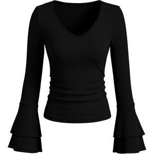 image:imageANRABESS Womens Long Sleeve V Neck Ribbed Knit Shirts  Soft Slim Fit Tops Bell Sleeve Ruched Blouses Fashion Going out Tshirt Dressy Casual Elegant Fall Winter Spring ClothesBlack
