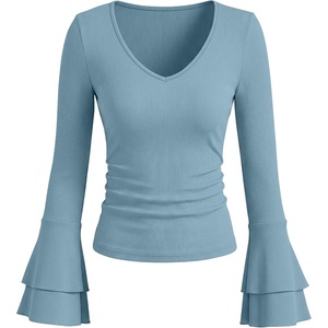 image:imageANRABESS Womens Long Sleeve V Neck Ribbed Knit Shirts  Soft Slim Fit Tops Bell Sleeve Ruched Blouses Fashion Going out Tshirt Dressy Casual Elegant Fall Winter Spring ClothesGrey Blue