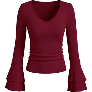 image:imageANRABESS Womens Long Sleeve V Neck Ribbed Knit Shirts  Soft Slim Fit Tops Bell Sleeve Ruched Blouses Fashion Going out Tshirt Dressy Casual Elegant Fall Winter Spring ClothesWine Red