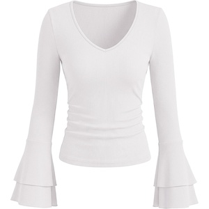 image:imageANRABESS Womens Long Sleeve V Neck Ribbed Knit Shirts  Soft Slim Fit Tops Bell Sleeve Ruched Blouses Fashion Going out Tshirt Dressy Casual Elegant Fall Winter Spring ClothesWhite