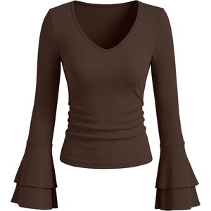image:imageANRABESS Womens Long Sleeve V Neck Ribbed Knit Shirts  Soft Slim Fit Tops Bell Sleeve Ruched Blouses Fashion Going out Tshirt Dressy Casual Elegant Fall Winter Spring ClothesCoffee