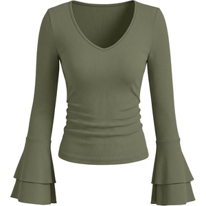 image:imageANRABESS Womens Long Sleeve V Neck Ribbed Knit Shirts  Soft Slim Fit Tops Bell Sleeve Ruched Blouses Fashion Going out Tshirt Dressy Casual Elegant Fall Winter Spring ClothesArmy Green