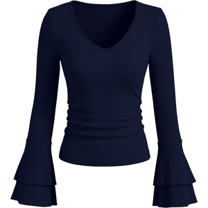 image:imageANRABESS Womens Long Sleeve V Neck Ribbed Knit Shirts  Soft Slim Fit Tops Bell Sleeve Ruched Blouses Fashion Going out Tshirt Dressy Casual Elegant Fall Winter Spring ClothesNavy Blue