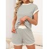 image:imageANRABESS Womens 2 Piece Ribbed Striped Knit Pajama Set Short Sleeve Top amp Lounge Shorts Casual Loungewear for Summer amp HomeBlack Beige Striped