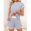 image:imageANRABESS Womens 2 Piece Ribbed Striped Knit Pajama Set Short Sleeve Top amp Lounge Shorts Casual Loungewear for Summer amp HomeBlue Beige Striped