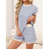 image:imageANRABESS Womens 2 Piece Ribbed Striped Knit Pajama Set Short Sleeve Top amp Lounge Shorts Casual Loungewear for Summer amp HomeBlue Beige Striped