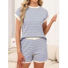 image:imageANRABESS Womens 2 Piece Ribbed Striped Knit Pajama Set Short Sleeve Top amp Lounge Shorts Casual Loungewear for Summer amp HomeBlue Beige Striped