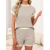 image:imageANRABESS Womens 2 Piece Ribbed Striped Knit Pajama Set Short Sleeve Top amp Lounge Shorts Casual Loungewear for Summer amp HomeBrown Beige Striped