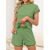 image:imageANRABESS Womens 2 Piece Ribbed Striped Knit Pajama Set Short Sleeve Top amp Lounge Shorts Casual Loungewear for Summer amp HomeGreen White Stripe
