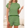 image:imageANRABESS Womens 2 Piece Ribbed Striped Knit Pajama Set Short Sleeve Top amp Lounge Shorts Casual Loungewear for Summer amp HomeGreen White Stripe