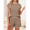 image:imageANRABESS Womens 2 Piece Ribbed Striped Knit Pajama Set Short Sleeve Top amp Lounge Shorts Casual Loungewear for Summer amp HomeKhaki Coffee Stripe
