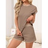 image:imageANRABESS Womens 2 Piece Ribbed Striped Knit Pajama Set Short Sleeve Top amp Lounge Shorts Casual Loungewear for Summer amp HomeKhaki Coffee Stripe