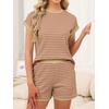image:imageANRABESS Womens 2 Piece Ribbed Striped Knit Pajama Set Short Sleeve Top amp Lounge Shorts Casual Loungewear for Summer amp HomeKhaki Pink Stripe