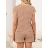 image:imageANRABESS Womens 2 Piece Ribbed Striped Knit Pajama Set Short Sleeve Top amp Lounge Shorts Casual Loungewear for Summer amp HomeKhaki Pink Stripe