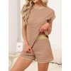 image:imageANRABESS Womens 2 Piece Ribbed Striped Knit Pajama Set Short Sleeve Top amp Lounge Shorts Casual Loungewear for Summer amp HomeKhaki Pink Stripe