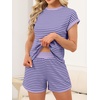 image:imageANRABESS Womens 2 Piece Ribbed Striped Knit Pajama Set Short Sleeve Top amp Lounge Shorts Casual Loungewear for Summer amp HomePurple Blue Stripe