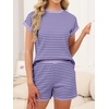 image:imageANRABESS Womens 2 Piece Ribbed Striped Knit Pajama Set Short Sleeve Top amp Lounge Shorts Casual Loungewear for Summer amp HomePurple Blue Stripe