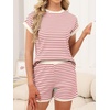 image:imageANRABESS Womens 2 Piece Ribbed Striped Knit Pajama Set Short Sleeve Top amp Lounge Shorts Casual Loungewear for Summer amp HomeRed Beige Striped