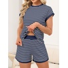 image:imageANRABESS Womens 2 Piece Ribbed Striped Knit Pajama Set Short Sleeve Top amp Lounge Shorts Casual Loungewear for Summer amp HomeWhite Blue Striped