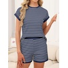 image:imageANRABESS Womens 2 Piece Ribbed Striped Knit Pajama Set Short Sleeve Top amp Lounge Shorts Casual Loungewear for Summer amp HomeWhite Blue Striped