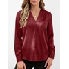 image:imageANRABESS Womens Satin V Neck Long Sleeve Blouse Shirts  Silky Soft TopPleated Ruched ShouldersBusiness Casual Work Office OutfitsDressy ElegantFall Spring Transition ClothesDeep Red