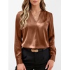 image:imageANRABESS Womens Satin V Neck Long Sleeve Blouse Shirts  Silky Soft TopPleated Ruched ShouldersBusiness Casual Work Office OutfitsDressy ElegantFall Spring Transition ClothesLight Brown
