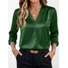 image:imageANRABESS Womens Satin V Neck Long Sleeve Blouse Shirts  Silky Soft TopPleated Ruched ShouldersBusiness Casual Work Office OutfitsDressy ElegantFall Spring Transition ClothesGreen