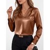 image:imageANRABESS Womens Satin V Neck Long Sleeve Blouse Shirts  Silky Soft TopPleated Ruched ShouldersBusiness Casual Work Office OutfitsDressy ElegantFall Spring Transition ClothesLight Brown