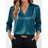 image:imageANRABESS Womens Satin V Neck Long Sleeve Blouse Shirts  Silky Soft TopPleated Ruched ShouldersBusiness Casual Work Office OutfitsDressy ElegantFall Spring Transition ClothesLake Blue