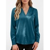 image:imageANRABESS Womens Satin V Neck Long Sleeve Blouse Shirts  Silky Soft TopPleated Ruched ShouldersBusiness Casual Work Office OutfitsDressy ElegantFall Spring Transition ClothesLake Blue