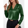 image:imageANRABESS Womens Satin V Neck Long Sleeve Blouse Shirts  Silky Soft TopPleated Ruched ShouldersBusiness Casual Work Office OutfitsDressy ElegantFall Spring Transition ClothesGreen