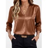 image:imageANRABESS Womens Satin V Neck Long Sleeve Blouse Shirts  Silky Soft TopPleated Ruched ShouldersBusiness Casual Work Office OutfitsDressy ElegantFall Spring Transition ClothesLight Brown
