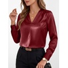 image:imageANRABESS Womens Satin V Neck Long Sleeve Blouse Shirts  Silky Soft TopPleated Ruched ShouldersBusiness Casual Work Office OutfitsDressy ElegantFall Spring Transition ClothesDeep Red