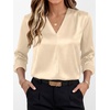 image:imageANRABESS Womens Satin V Neck Long Sleeve Blouse Shirts  Silky Soft TopPleated Ruched ShouldersBusiness Casual Work Office OutfitsDressy ElegantFall Spring Transition ClothesBeige