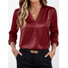 image:imageANRABESS Womens Satin V Neck Long Sleeve Blouse Shirts  Silky Soft TopPleated Ruched ShouldersBusiness Casual Work Office OutfitsDressy ElegantFall Spring Transition ClothesDeep Red