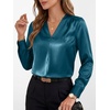 image:imageANRABESS Womens Satin V Neck Long Sleeve Blouse Shirts  Silky Soft TopPleated Ruched ShouldersBusiness Casual Work Office OutfitsDressy ElegantFall Spring Transition ClothesLake Blue