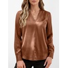 image:imageANRABESS Womens Satin V Neck Long Sleeve Blouse Shirts  Silky Soft TopPleated Ruched ShouldersBusiness Casual Work Office OutfitsDressy ElegantFall Spring Transition ClothesLight Brown