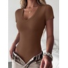 image:imageANRABESS Womens V Neck Short Sleeve Bodysuits  Slim Fit Body Suits Tops Soft Stretchy UPF 50 Fabric Spring Summer Autumn Outfits for Daily Going Out Work amp TravelBrown