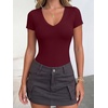 image:imageANRABESS Womens V Neck Short Sleeve Bodysuits  Slim Fit Body Suits Tops Soft Stretchy UPF 50 Fabric Spring Summer Autumn Outfits for Daily Going Out Work amp TravelWine Red