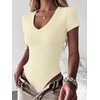 image:imageANRABESS Womens V Neck Short Sleeve Bodysuits  Slim Fit Body Suits Tops Soft Stretchy UPF 50 Fabric Spring Summer Autumn Outfits for Daily Going Out Work amp TravelBeige