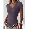 image:imageANRABESS Womens V Neck Short Sleeve Bodysuits  Slim Fit Body Suits Tops Soft Stretchy UPF 50 Fabric Spring Summer Autumn Outfits for Daily Going Out Work amp TravelGrey Purple