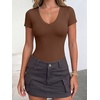 image:imageANRABESS Womens V Neck Short Sleeve Bodysuits  Slim Fit Body Suits Tops Soft Stretchy UPF 50 Fabric Spring Summer Autumn Outfits for Daily Going Out Work amp TravelBrown